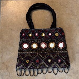 Embroidered Black and Gold Women's Bag with beading and tiny mirrors